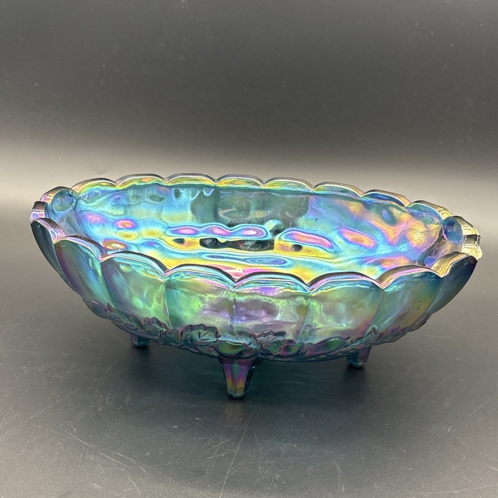 Vintage Indiana Glass Electric Blue Carnival Glass Fruit Garland Footed Bowl 12"